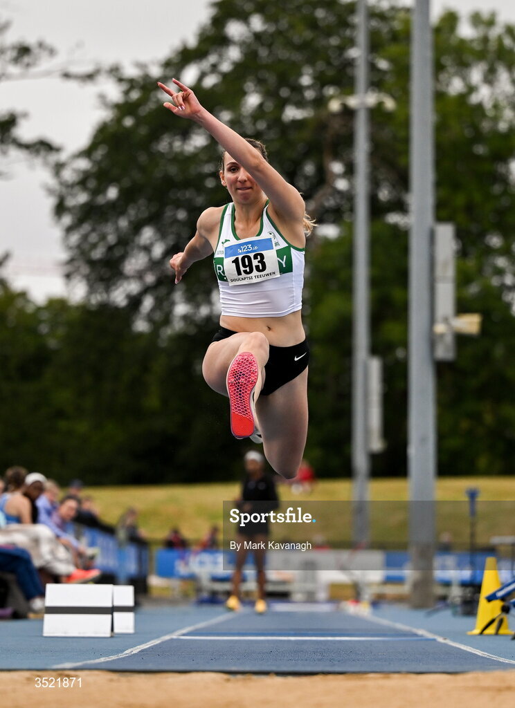 25 July 2026; Daphni Doulaptsi Teeuwen of Raheny Shamrock A.C. competing in the triple jump during day one of the 123.ie National Senior Track & Field Championships 2026 at Morton Stadium in Dublin. Photo by Mark Kavanagh/Sportsfile
