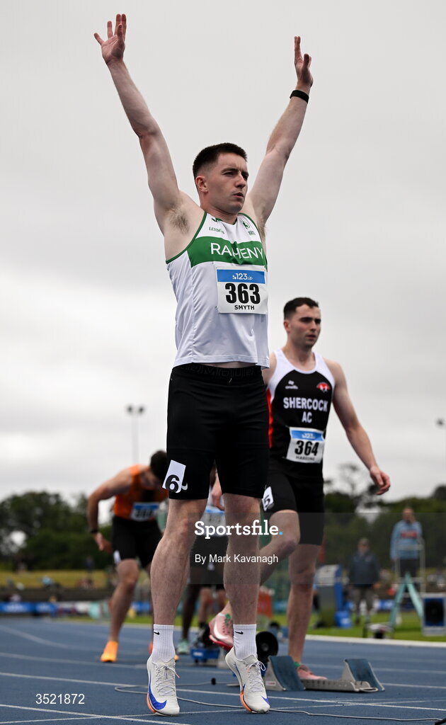 25 July 2026; Mark Smyth of Raheny Shamrock A.C. before the 200m during day one of the 123.ie National Senior Track & Field Championships 2026 at Morton Stadium in Dublin. Photo by Mark Kavanagh/Sportsfile