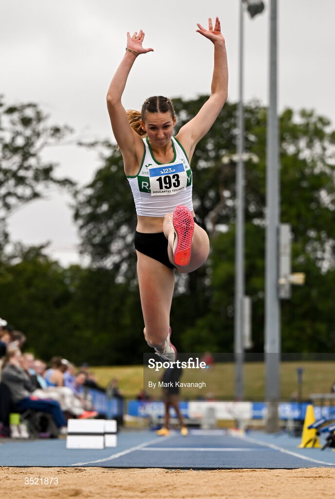 25 July 2026; Daphni Doulaptsi Teeuwen of Raheny Shamrock A.C. competing in the triple jump during day one of the 123.ie National Senior Track & Field Championships 2026 at Morton Stadium in Dublin. Photo by Mark Kavanagh/Sportsfile