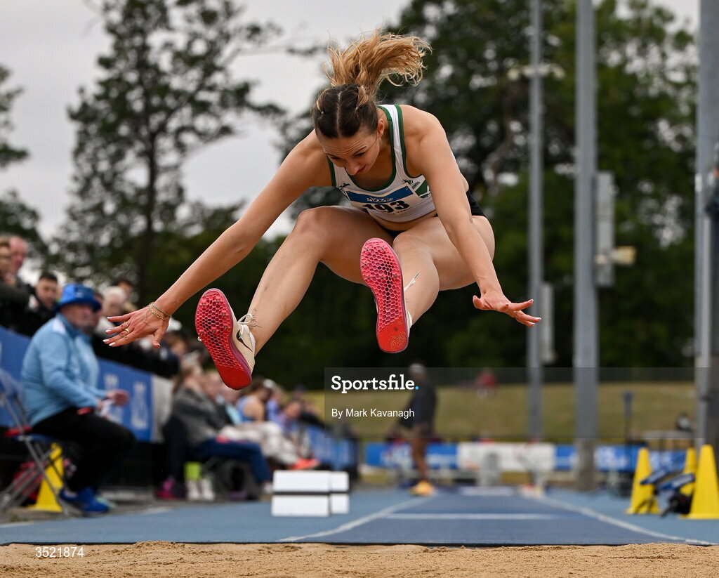 25 July 2026; Daphni Doulaptsi Teeuwen of Raheny Shamrock A.C. competing in the triple jump during day one of the 123.ie National Senior Track & Field Championships 2026 at Morton Stadium in Dublin. Photo by Mark Kavanagh/Sportsfile
