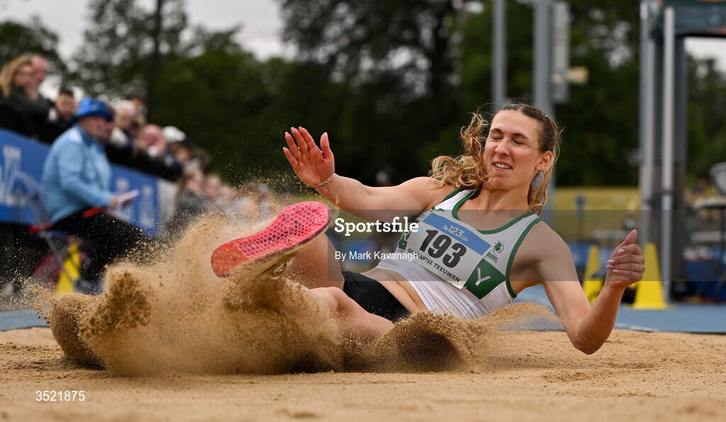 25 July 2026; Daphni Doulaptsi Teeuwen of Raheny Shamrock A.C. competing in the triple jump during day one of the 123.ie National Senior Track & Field Championships 2026 at Morton Stadium in Dublin. Photo by Mark Kavanagh/Sportsfile