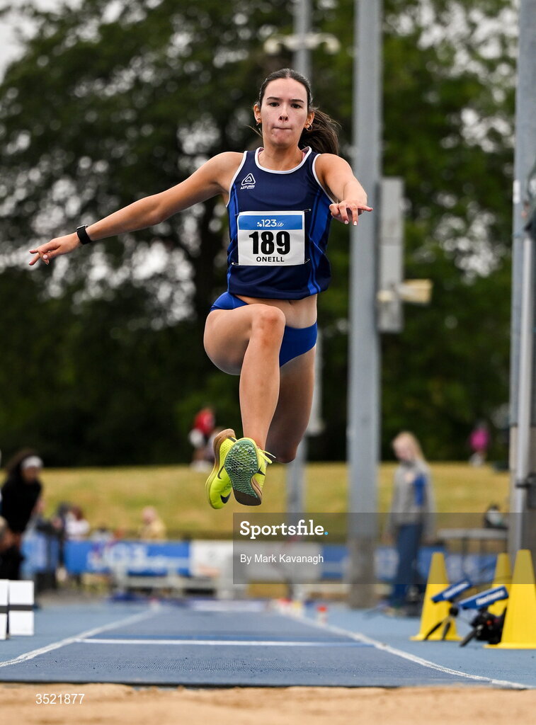 25 July 2026; Emma O'Neill of Carrick-on-Suir A.C. competing in the triple jump during day one of the 123.ie National Senior Track & Field Championships 2026 at Morton Stadium in Dublin. Photo by Mark Kavanagh/Sportsfile