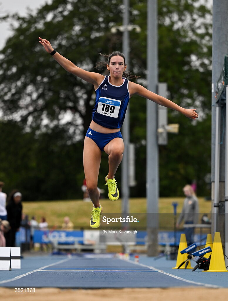25 July 2026; Emma O'Neill of Carrick-on-Suir A.C. competing in the triple jump during day one of the 123.ie National Senior Track & Field Championships 2026 at Morton Stadium in Dublin. Photo by Mark Kavanagh/Sportsfile