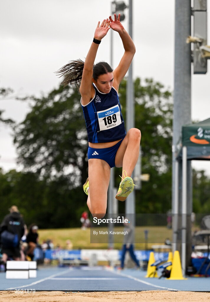 25 July 2026; Emma O'Neill of Carrick-on-Suir A.C. competing in the triple jump during day one of the 123.ie National Senior Track & Field Championships 2026 at Morton Stadium in Dublin. Photo by Mark Kavanagh/Sportsfile