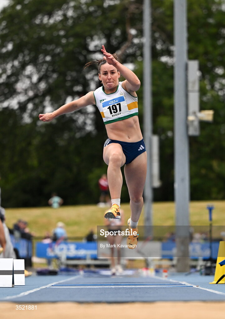 25 July 2026; Saragh Buggy of St. Abbans A.C. competing in the triple jump during day one of the 123.ie National Senior Track & Field Championships 2026 at Morton Stadium in Dublin. Photo by Mark Kavanagh/Sportsfile