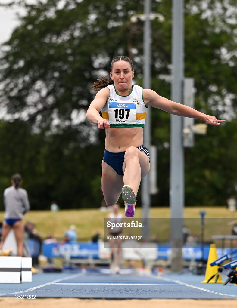 25 July 2026; Saragh Buggy of St. Abbans A.C. competing in the triple jump during day one of the 123.ie National Senior Track & Field Championships 2026 at Morton Stadium in Dublin. Photo by Mark Kavanagh/Sportsfile