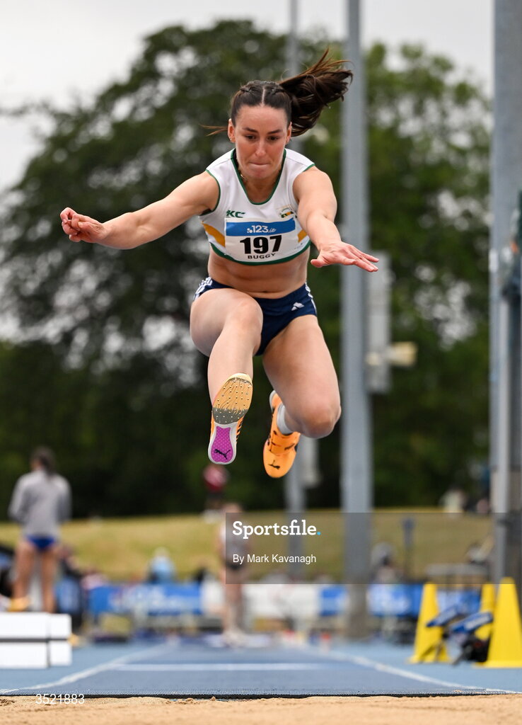 25 July 2026; Saragh Buggy of St. Abbans A.C. competing in the triple jump during day one of the 123.ie National Senior Track & Field Championships 2026 at Morton Stadium in Dublin. Photo by Mark Kavanagh/Sportsfile