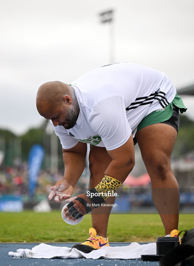 25 July 2026; Eric Favors of Raheny Shamrock A.C. chalks up his shot putt before his throw during the shot put on day one of the 123.ie National Senior Track & Field Championships 2026 at Morton Stadium in Dublin. Photo by Mark Kavanagh/Sportsfile