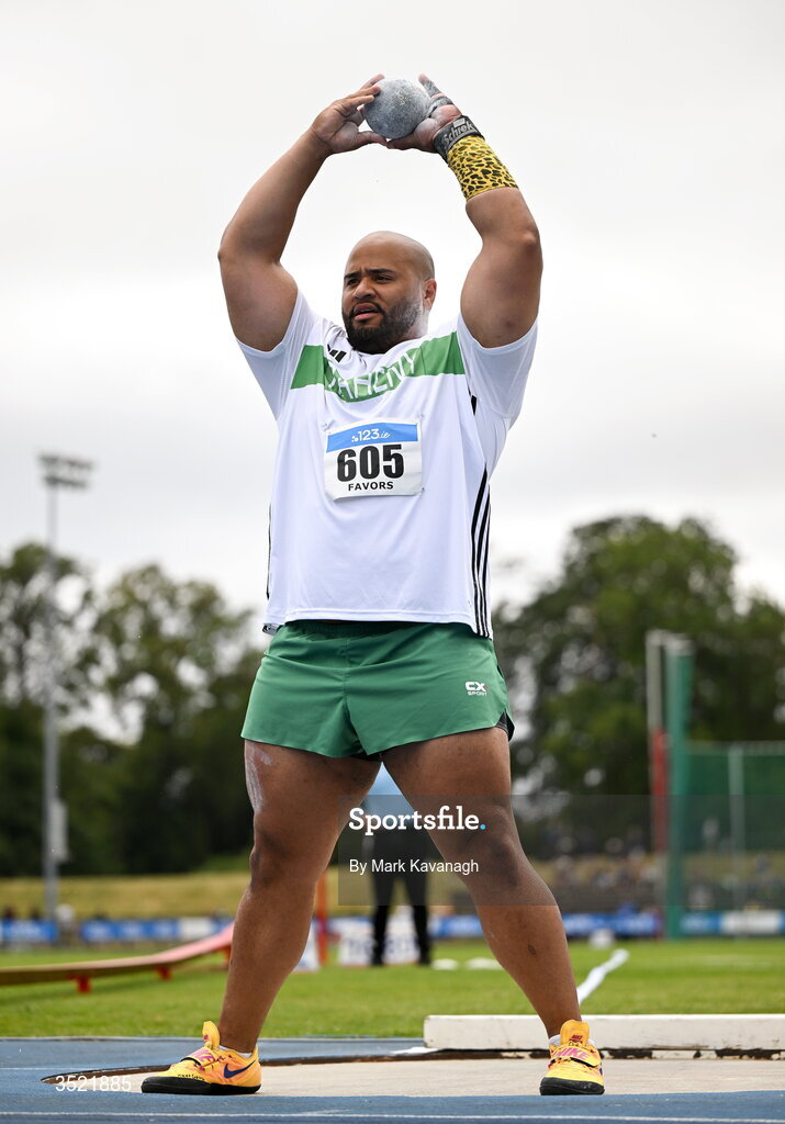 25 July 2026; Eric Favors of Raheny Shamrock A.C. competing in the shot put during day one of the 123.ie National Senior Track & Field Championships 2026 at Morton Stadium in Dublin. Photo by Mark Kavanagh/Sportsfile