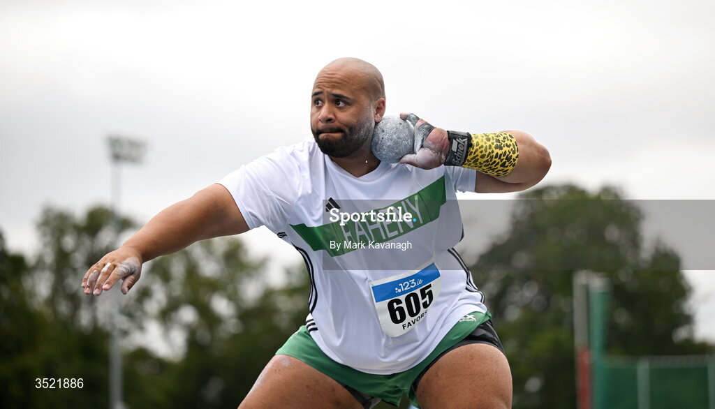 25 July 2026; Eric Favors of Raheny Shamrock A.C. competing in the shot put during day one of the 123.ie National Senior Track & Field Championships 2026 at Morton Stadium in Dublin. Photo by Mark Kavanagh/Sportsfile