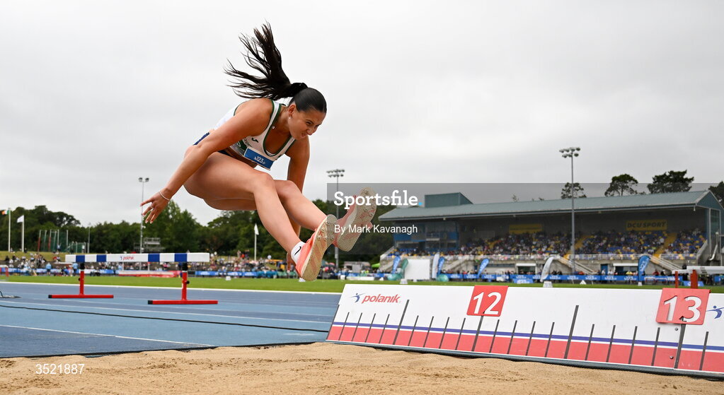 25 July 2026; Kim O'Hare of Raheny Shamrock A.C. competing in the triple jump during day one of the 123.ie National Senior Track & Field Championships 2026 at Morton Stadium in Dublin. Photo by Mark Kavanagh/Sportsfile