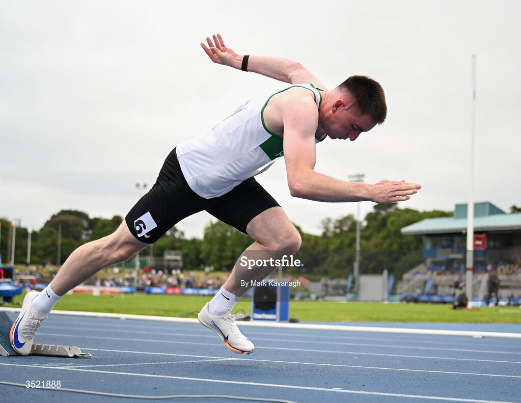 25 July 2026; Mark Smyth of Raheny Shamrock A.C. competing in the 200m during day one of the 123.ie National Senior Track & Field Championships 2026 at Morton Stadium in Dublin. Photo by Mark Kavanagh/Sportsfile