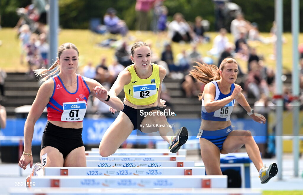25 July 2026; From left, Lucy McGlynn of Tír Chonaill A.C., Cara Murphy of U.C.D. A.C. and Arlene Crossan of Finn Valley A.C. competing in the 400m hurdles during day one of the 123.ie National Senior Track & Field Championships 2026 at Morton Stadium in Dublin. Photo by Mark Kavanagh/Sportsfile