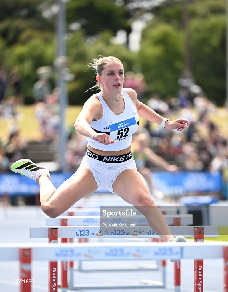 25 July 2026; Caoimhe Fitzsimons of Donore Harriers A.C. competing in the 400m hurdles during day one of the 123.ie National Senior Track & Field Championships 2026 at Morton Stadium in Dublin. Photo by Mark Kavanagh/Sportsfile