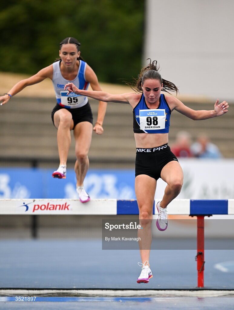 25 July 2026; Abbie Sheridan of St. Peter's A.C. leads Roisin Treacy of Dundrum South Dublin A.C. in the 3000m steeplechase during day one of the 123.ie National Senior Track & Field Championships 2026 at Morton Stadium in Dublin. Photo by Mark Kavanagh/Sportsfile