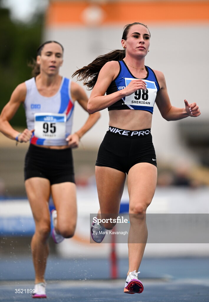 25 July 2026; Abbie Sheridan of St. Peter's A.C. leads Roisin Treacy of Dundrum South Dublin A.C. in the 3000m steeplechase during day one of the 123.ie National Senior Track & Field Championships 2026 at Morton Stadium in Dublin. Photo by Mark Kavanagh/Sportsfile