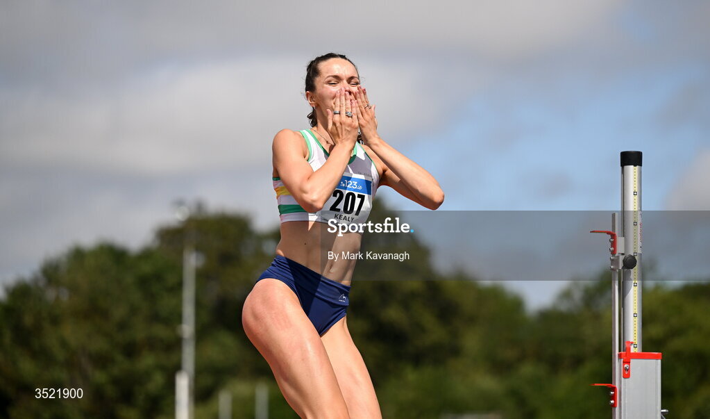 25 July 2026; Daena Kealy of St. Abbans A.C. celebrates after winning the high jump during day one of the 123.ie National Senior Track & Field Championships 2026 at Morton Stadium in Dublin. Photo by Mark Kavanagh/Sportsfile