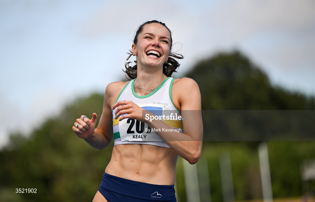25 July 2026; Daena Kealy of St. Abbans A.C. smiles after winning the high jump during day one of the 123.ie National Senior Track & Field Championships 2026 at Morton Stadium in Dublin. Photo by Mark Kavanagh/Sportsfile