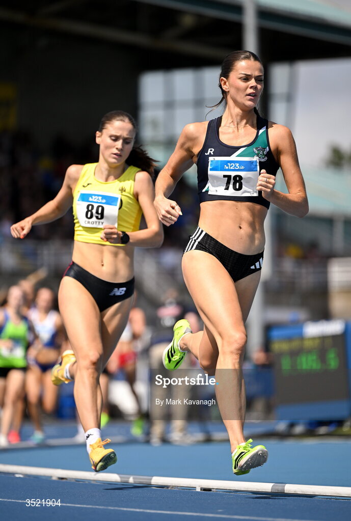 25 July 2026; Alex O Neill of Limerick Track A.C., right, leads Renee Crotty of U.C.D. A.C. during day one of the 123.ie National Senior Track & Field Championships 2026 at Morton Stadium in Dublin. Photo by Mark Kavanagh/Sportsfile