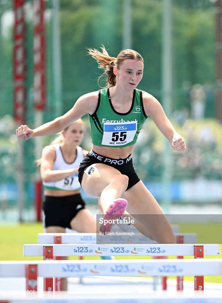 25 July 2026; Ellis Mc Hugh of Ferrybank A.C. competing in the 400m hurdles during day one of the 123.ie National Senior Track & Field Championships 2026 at Morton Stadium in Dublin. Photo by Mark Kavanagh/Sportsfile