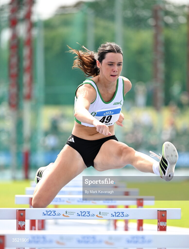 25 July 2026; Emma O'Donovan of Craughwell A.C. competing in the 400m hurdles during day one of the 123.ie National Senior Track & Field Championships 2026 at Morton Stadium in Dublin. Photo by Mark Kavanagh/Sportsfile