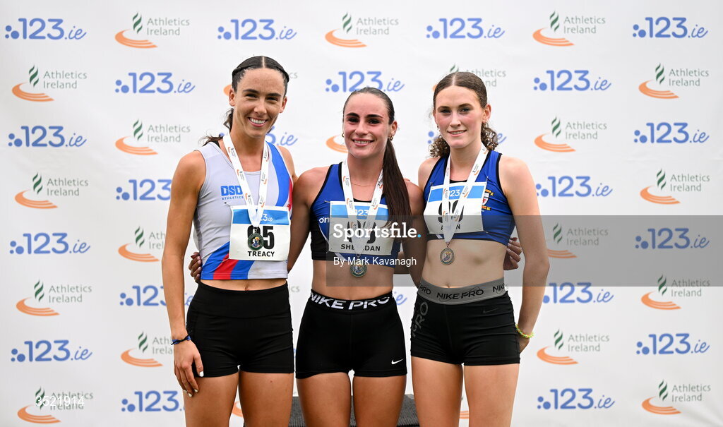 25 July 2026; From left, Roisin Treacy of Dundrum South Dublin A.C., Abbie Sheridan of St. Peter's A.C. and Dearbhla Allen of St. Peter's A.C. 3000m steeplechase podium during day one of the 123.ie National Senior Track & Field Championships 2026 at Morton Stadium in Dublin. Photo by Mark Kavanagh/Sportsfile