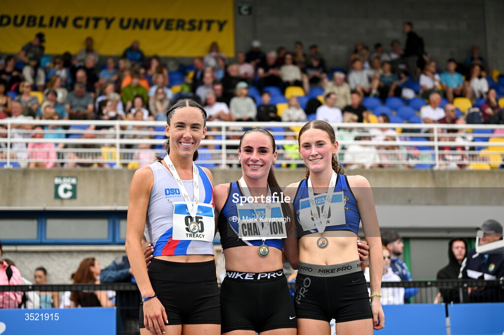25 July 2026; From left, Roisin Treacy of Dundrum South Dublin A.C., Abbie Sheridan of St. Peter's A.C. and Dearbhla Allen of St. Peter's A.C. 3000m steeplechase podium during day one of the 123.ie National Senior Track & Field Championships 2026 at Morton Stadium in Dublin. Photo by Mark Kavanagh/Sportsfile