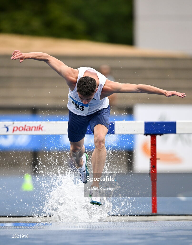 25 July 2026; Finley Daly of Sligo A.C. competing in the 3000m steeplechase during day one of the 123.ie National Senior Track & Field Championships 2026 at Morton Stadium in Dublin. Photo by Mark Kavanagh/Sportsfile