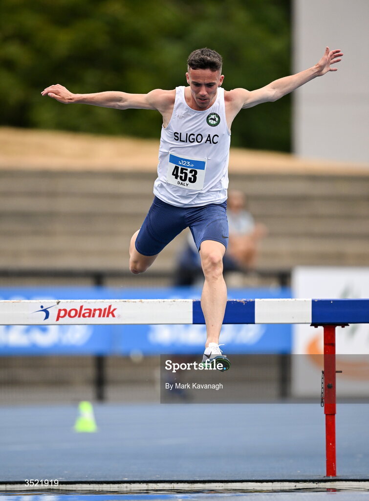 25 July 2026; Finley Daly of Sligo A.C. competing in the 3000m steeplechase during day one of the 123.ie National Senior Track & Field Championships 2026 at Morton Stadium in Dublin. Photo by Mark Kavanagh/Sportsfile