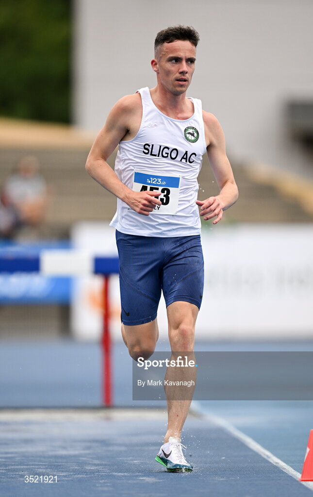 25 July 2026; Finley Daly of Sligo A.C. competing in the 3000m steeplechase during day one of the 123.ie National Senior Track & Field Championships 2026 at Morton Stadium in Dublin. Photo by Mark Kavanagh/Sportsfile