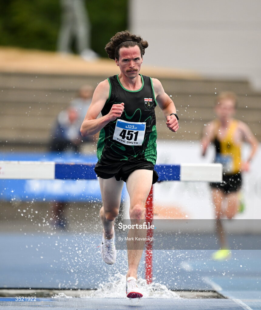 25 July 2026; Adam Kirk-Smith of Derry City Track Club competing in the 3000m steeplechase during day one of the 123.ie National Senior Track & Field Championships 2026 at Morton Stadium in Dublin. Photo by Mark Kavanagh/Sportsfile