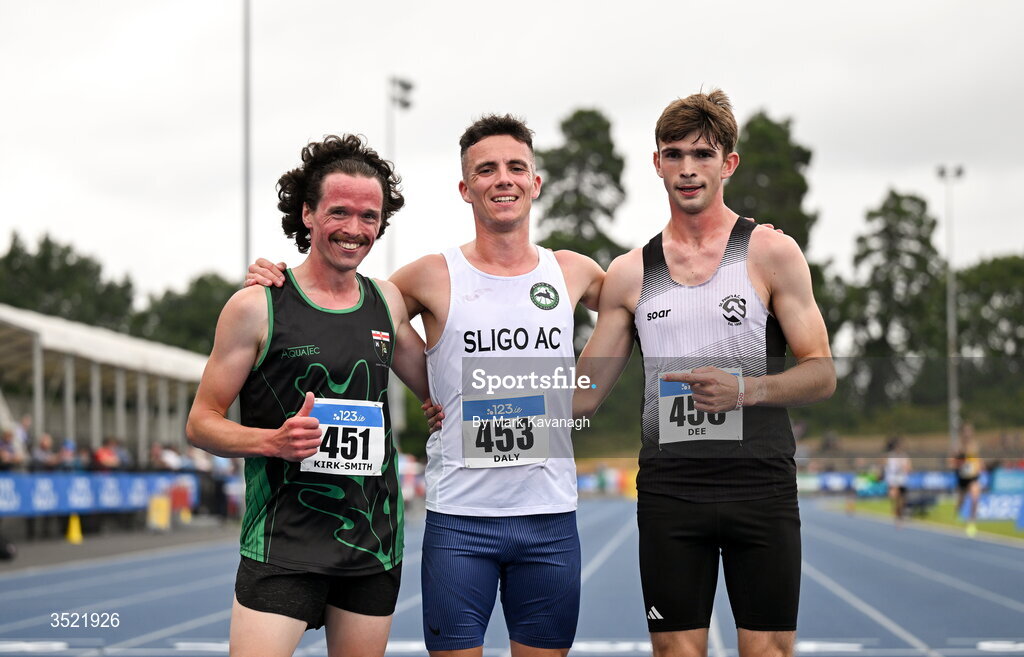 25 July 2026; From left, Adam Kirk-Smith of Derry City Track Club, bronze, Finley Daly of Sligo A.C., gold,  and Jack Dee of St Peters A.C., silver,  after competing in the 3000m steeplechase during day one of the 123.ie National Senior Track & Field Championships 2026 at Morton Stadium in Dublin. Photo by Mark Kavanagh/Sportsfile
