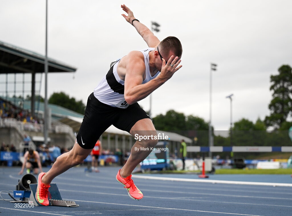 25 July 2026; Jack Raftery of Donore Harriers A.C. competing in the 400m heats during day one of the 123.ie National Senior Track & Field Championships 2026 at Morton Stadium in Dublin. Photo by Mark Kavanagh/Sportsfile