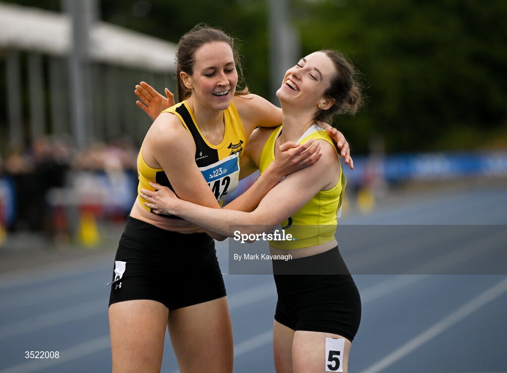 25 July 2026; Cliodhna Manning of Kilkenny City Harriers A.C., left, hugs Michelle Duggan of U.C.D. A.C. after the 400m heats during day one of the 123.ie National Senior Track & Field Championships 2026 at Morton Stadium in Dublin. Photo by Mark Kavanagh/Sportsfile