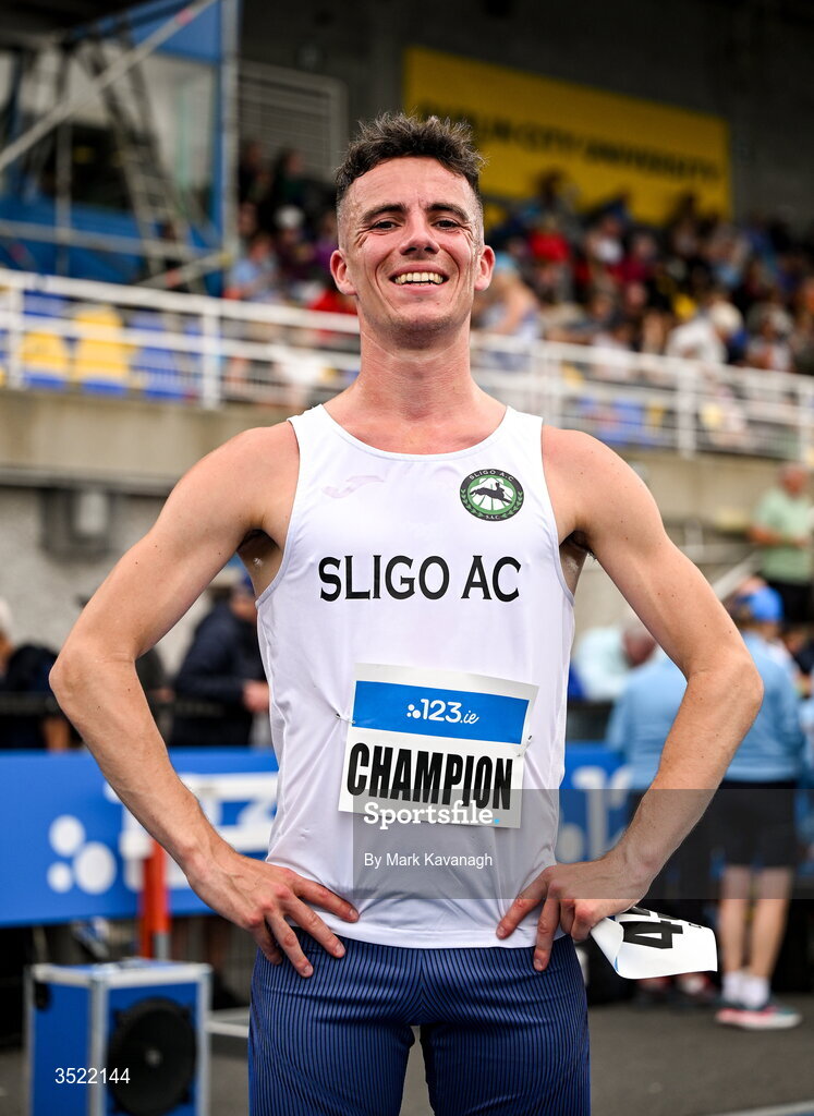 25 July 2026; Finley Daly of Sligo A.C. poses after winning the 3000m steeplechase during day one of the 123.ie National Senior Track & Field Championships 2026 at Morton Stadium in Dublin. Photo by Mark Kavanagh/Sportsfile