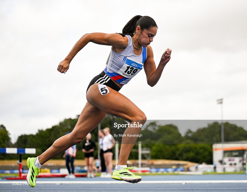 25 July 2026; Kate Doherty of Dundrum South Dublin A.C. competing in the 400m heats during day one of the 123.ie National Senior Track & Field Championships 2026 at Morton Stadium in Dublin. Photo by Mark Kavanagh/Sportsfile