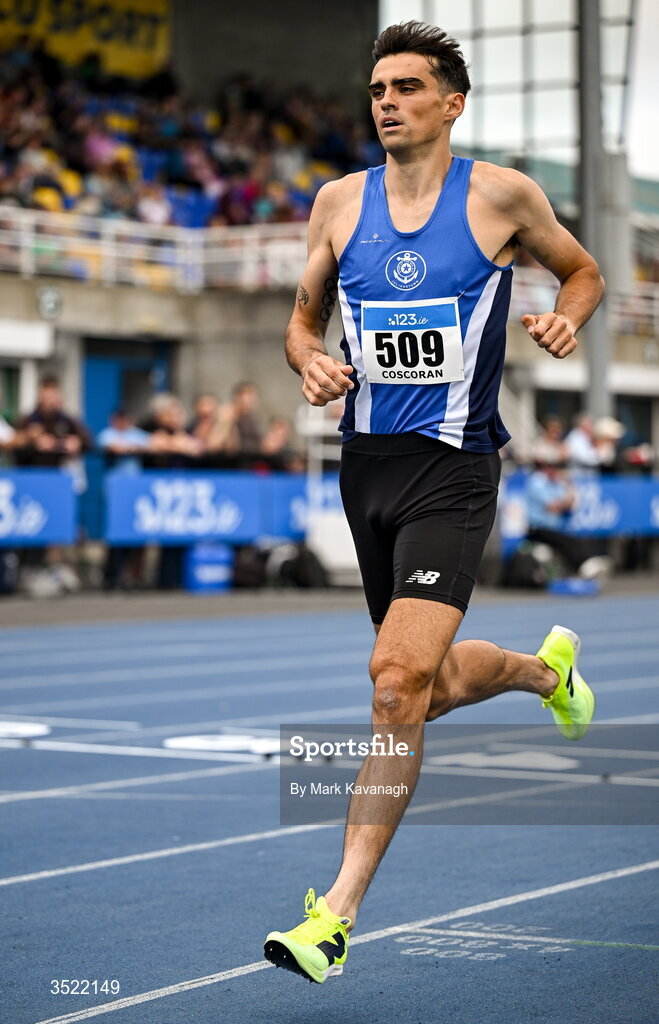 25 July 2026; Andrew Coscoran of Star of the Sea A.C. competing in the 1500m heats during day one of the 123.ie National Senior Track & Field Championships 2026 at Morton Stadium in Dublin. Photo by Mark Kavanagh/Sportsfile
