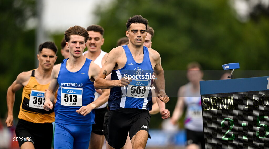 25 July 2026; Andrew Coscoran of Star of the Sea A.C. competing in the 1500m heats during day one of the 123.ie National Senior Track & Field Championships 2026 at Morton Stadium in Dublin. Photo by Mark Kavanagh/Sportsfile