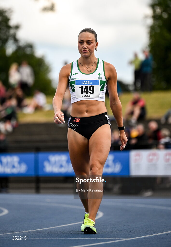 25 July 2026; Sophie Becker of Raheny Shamrock A.C. competing in the 400m heats during day one of the 123.ie National Senior Track & Field Championships 2026 at Morton Stadium in Dublin. Photo by Mark Kavanagh/Sportsfile