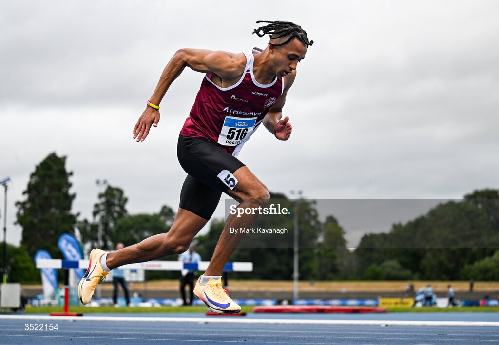 25 July 2026; Sean Doggett of Athenry A.C. competing in the 400m heats during day one of the 123.ie National Senior Track & Field Championships 2026 at Morton Stadium in Dublin. Photo by Mark Kavanagh/Sportsfile