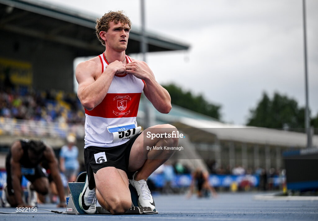 25 July 2026; Andrew Egan of Galway City Harriers A.C. competing in the 400m heats during day one of the 123.ie National Senior Track & Field Championships 2026 at Morton Stadium in Dublin. Photo by Mark Kavanagh/Sportsfile