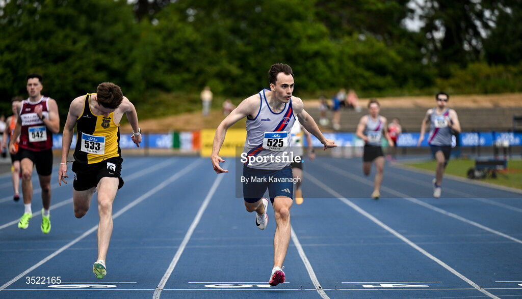 25 July 2026; Ciaran Carthy of Dundrum South Dublin A.C. wins his heat in the 400m heats during day one of the 123.ie National Senior Track & Field Championships 2026 at Morton Stadium in Dublin. Photo by Mark Kavanagh/Sportsfile