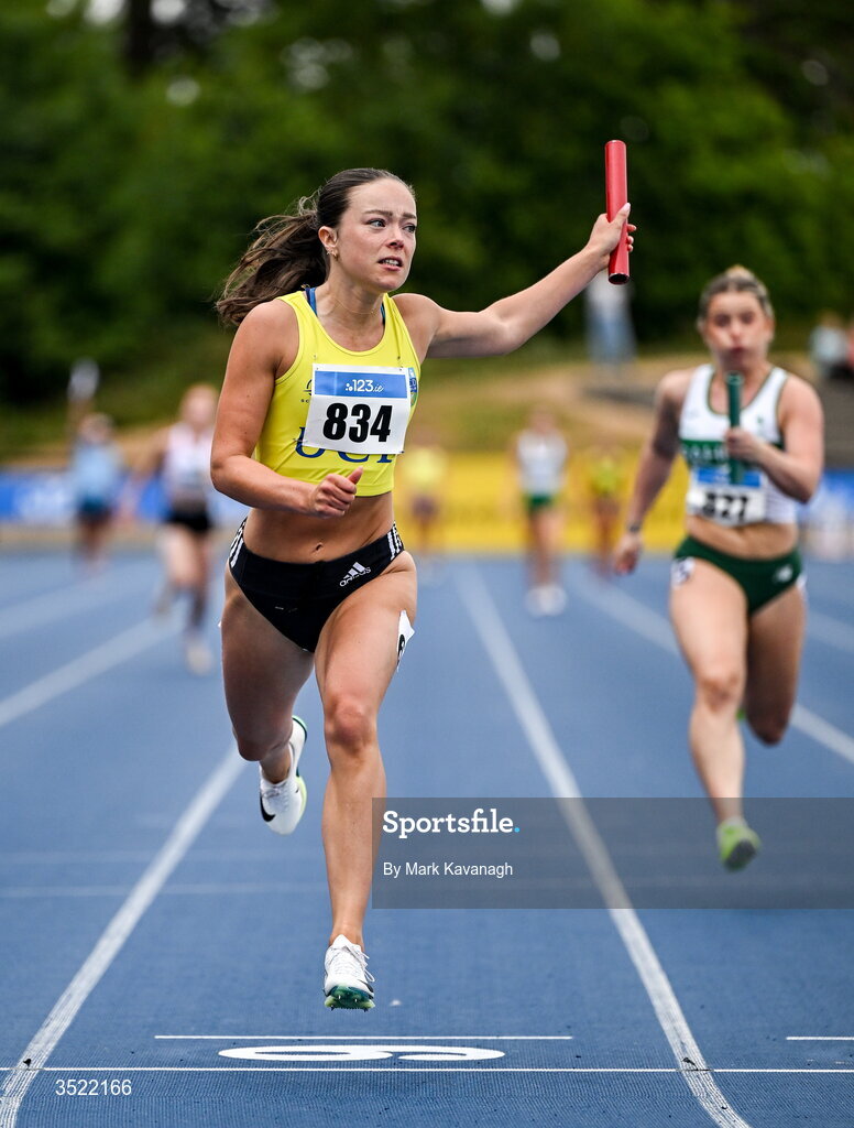 25 July 2026; Rhianna McCarthy of UCD A.C. wins the 4x100m relay during day one of the 123.ie National Senior Track & Field Championships 2026 at Morton Stadium in Dublin. Photo by Mark Kavanagh/Sportsfile