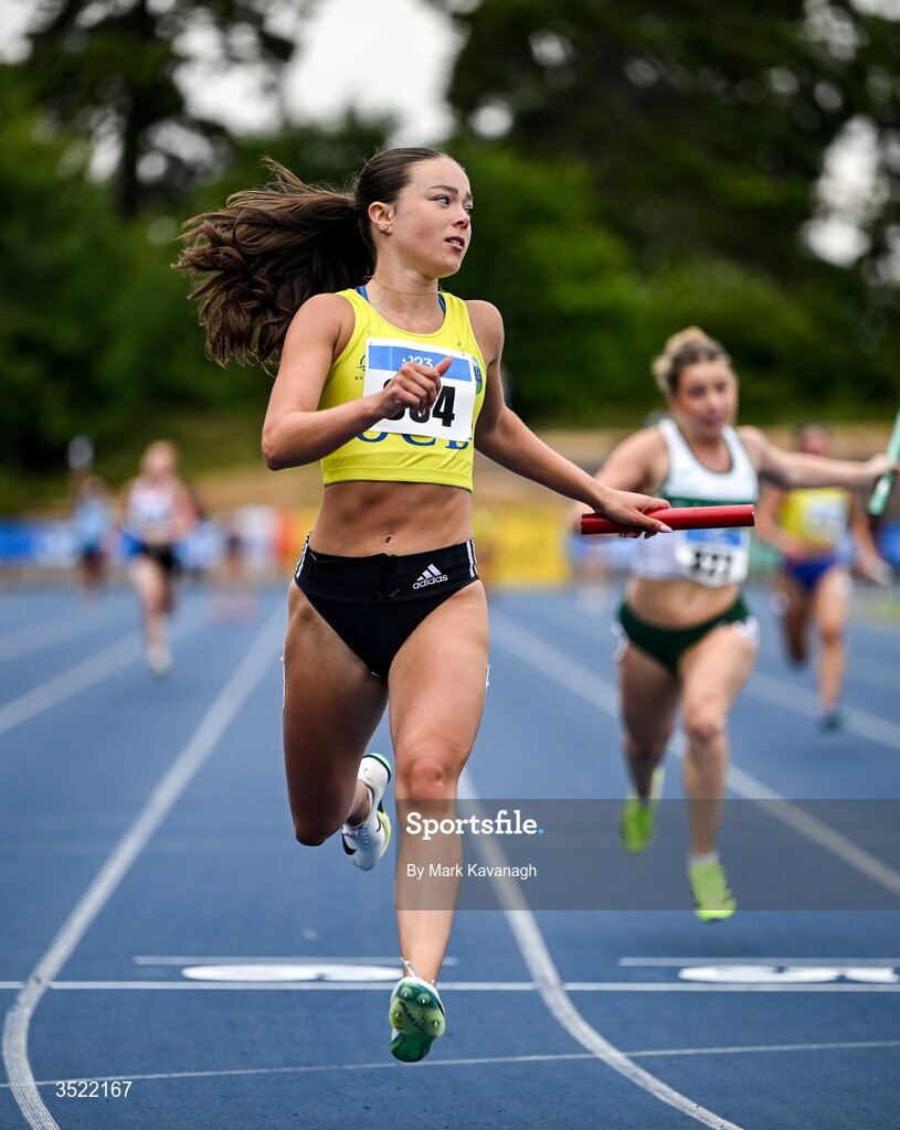 25 July 2026; Rhianna McCarthy of UCD A.C. wins the 4x100m relay during day one of the 123.ie National Senior Track & Field Championships 2026 at Morton Stadium in Dublin. Photo by Mark Kavanagh/Sportsfile