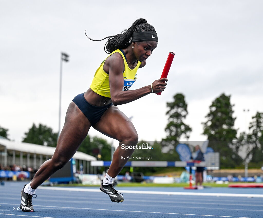 25 July 2026; Debbie Lawal  of UCD A.C. competing in the 4x100m relay during day one of the 123.ie National Senior Track & Field Championships 2026 at Morton Stadium in Dublin. Photo by Mark Kavanagh/Sportsfile