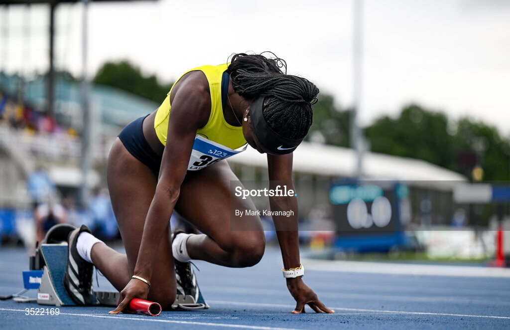 25 July 2026; Debbie Lawal  of UCD A.C. competing in the 4x100m relay during day one of the 123.ie National Senior Track & Field Championships 2026 at Morton Stadium in Dublin. Photo by Mark Kavanagh/Sportsfile