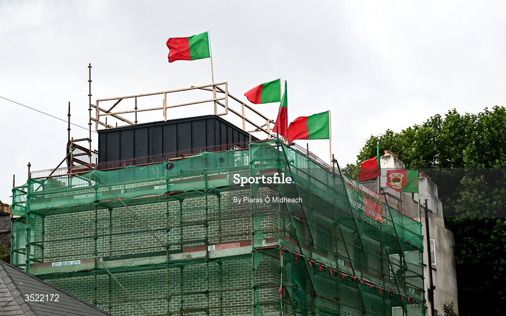26 July 2026; Mayo flags on scaffolding near the stadium before the GAA Football All-Ireland Senior Championship final match between Kerry and Mayo at Croke Park in Dublin. Photo by Piaras Ó Mídheach/Sportsfile