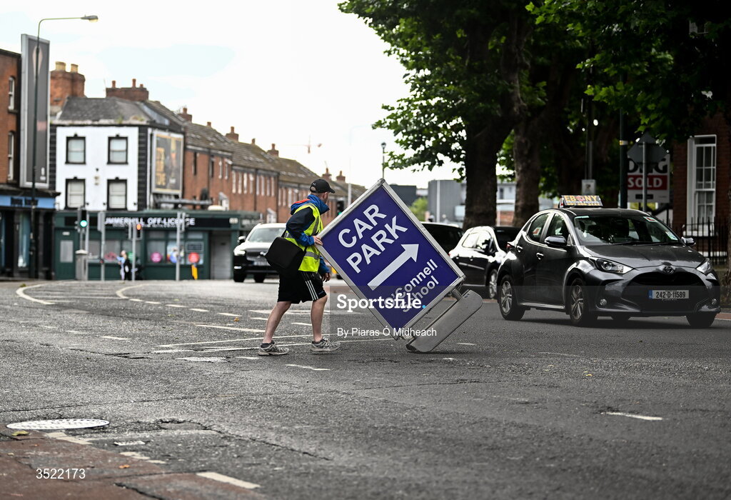 26 July 2026; A car park attendant puts out a sign near the stadium before the GAA Football All-Ireland Senior Championship final match between Kerry and Mayo at Croke Park in Dublin. Photo by Piaras Ó Mídheach/Sportsfile