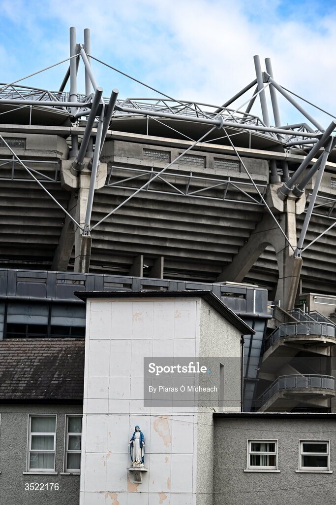 26 July 2026; A Virgin Mary statue at O'Connell Schools before the GAA Football All-Ireland Senior Championship final match between Kerry and Mayo at Croke Park in Dublin. Photo by Piaras Ó Mídheach/Sportsfile