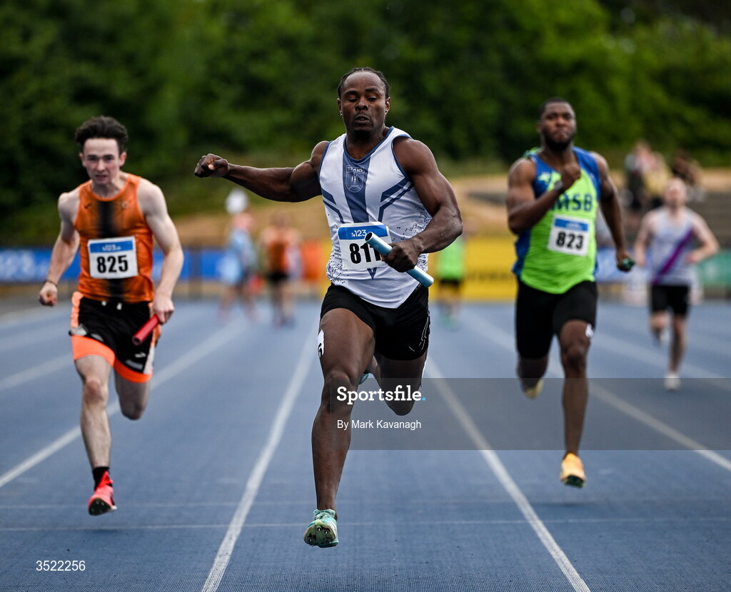 25 July 2026; Kaodichinma Ogbene of Titans A.C. wins the 4x100m relayduring day one of the 123.ie National Senior Track & Field Championships 2026 at Morton Stadium in Dublin. Photo by Mark Kavanagh/Sportsfile